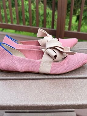 Women’s Rothy’s Rose Bud Pink Ribbon Bow Pointed-Toe Ballet Flats Size 7.5